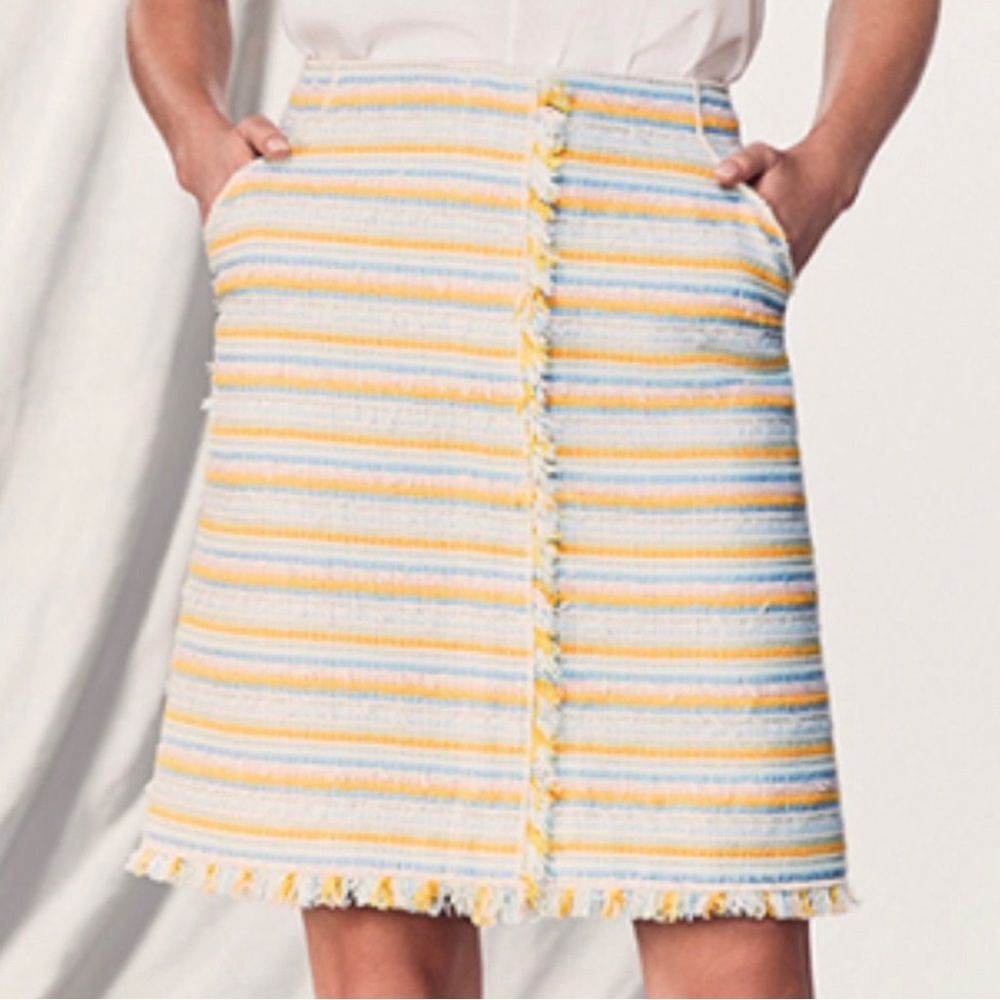 Worth NY Women's Tweed Skirt Size 12 Pale Blue White Butter Yellow Stripe Fringe